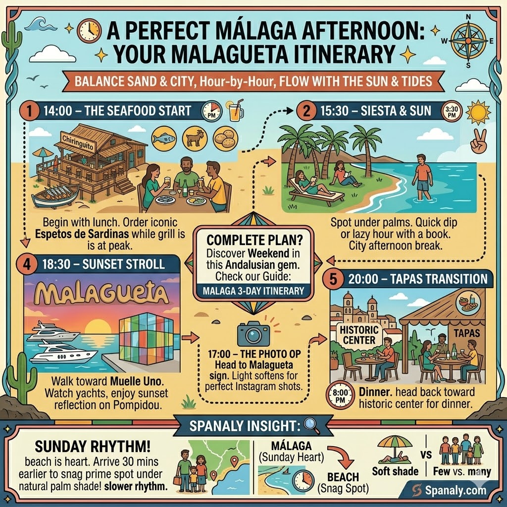 An hour-by-hour afternoon itinerary for Playa de la Malagueta in Malaga, including seafood lunch at 14:00, siesta under palms, sunset photography at the Malagueta sign, and evening tapas transition.