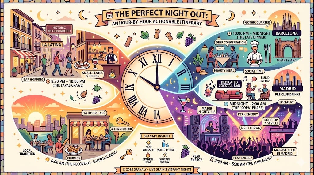 A colorful infographic titled The Perfect Night Out: An Hour-by-Hour Actionable Itinerary by Spanaly, featuring a central clock and a detailed timeline with specific activities like Tapas Crawl in La Latina (8:30 PM), Late Dinner in Barcelona's Gothic Quarter (10:00 PM), Cocktail Bar hopping in Madrid (Midnight), Nightclub peak energy (2:00 AM), and sunrise Churros (6:00 AM), with expert pacing tips.