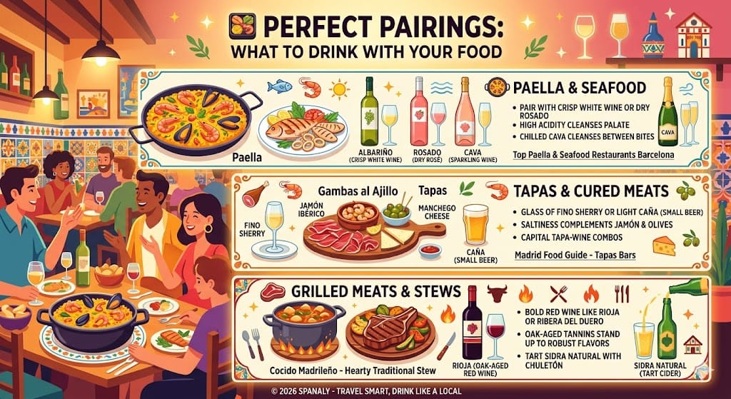 A colorful infographic titled Perfect Pairings: What to Drink with Your Food, showcasing pairings like Paella with Albariño, Tapas with Fino Sherry or Caña, and Grilled Meats with Rioja red wine.