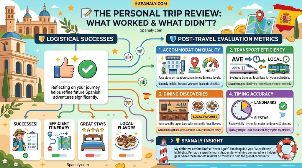 A colorful square infographic detailing four post-travel evaluation metrics: accommodation quality, transport efficiency, dining discoveries, and timing accuracy with Spanaly branding.