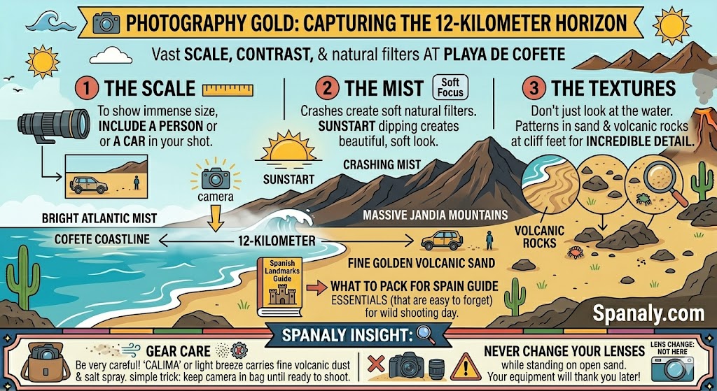 A photography guide infographic for Playa de Cofete featuring tips on capturing scale, using Atlantic mist as a filter, and protecting camera gear from volcanic dust.