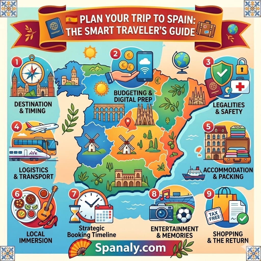 An epic infographic map for planning a trip to Spain, featuring a 9-stage guide covering budgeting, logistics, local immersion, and a strategic booking timeline.