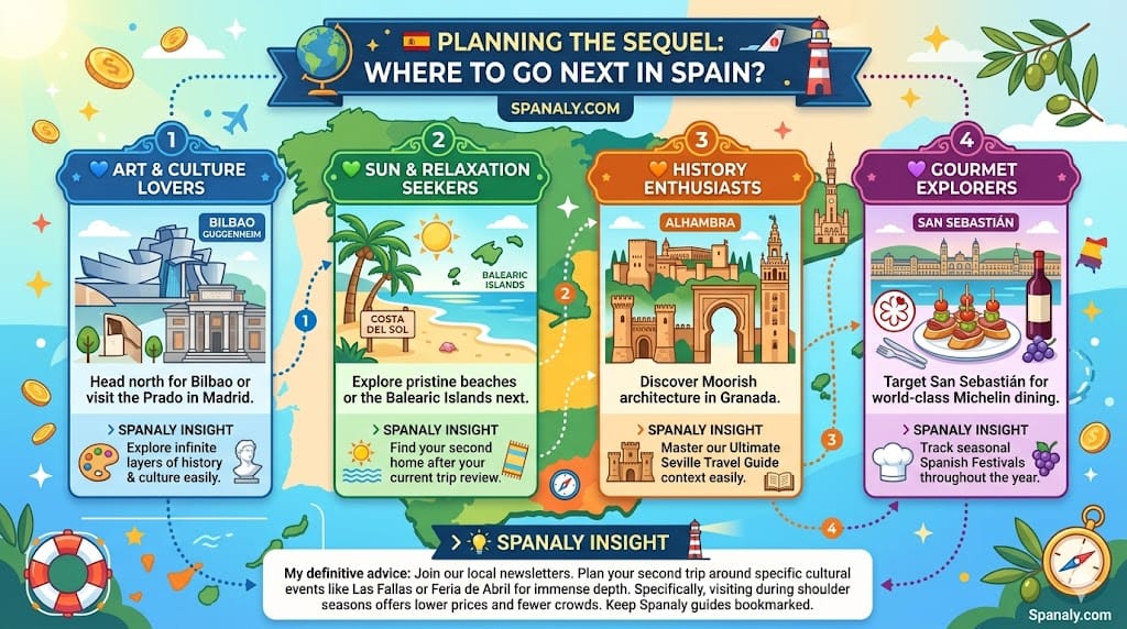 A colorful square infographic detailing four future Spain travel destination categories: art & culture lovers for Madrid, sun seekers for Costa del Sol, history enthusiasts for Granada, and gourmet explorers for San Sebastián with Spanaly branding.