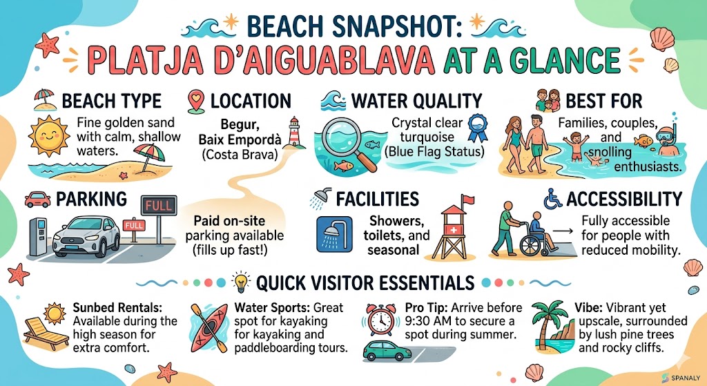 Detailed infographic of Platja d’Aiguablava beach snapshot in Costa Brava featuring facilities, parking tips, and water quality.
