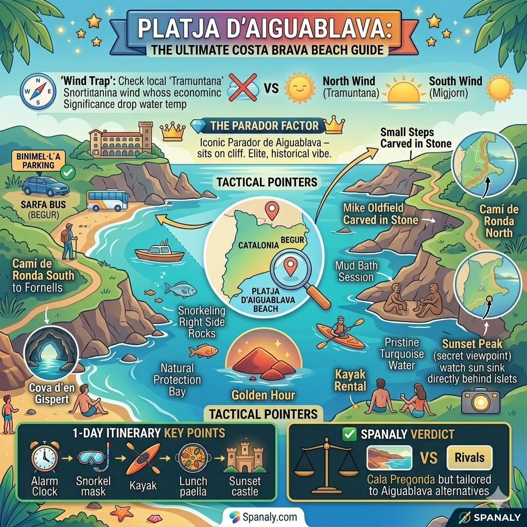 An epic infographic map of Platja d’Aiguablava featuring a detailed guide to snorkeling spots, Cami de Ronda trails, and the iconic Parador hotel.