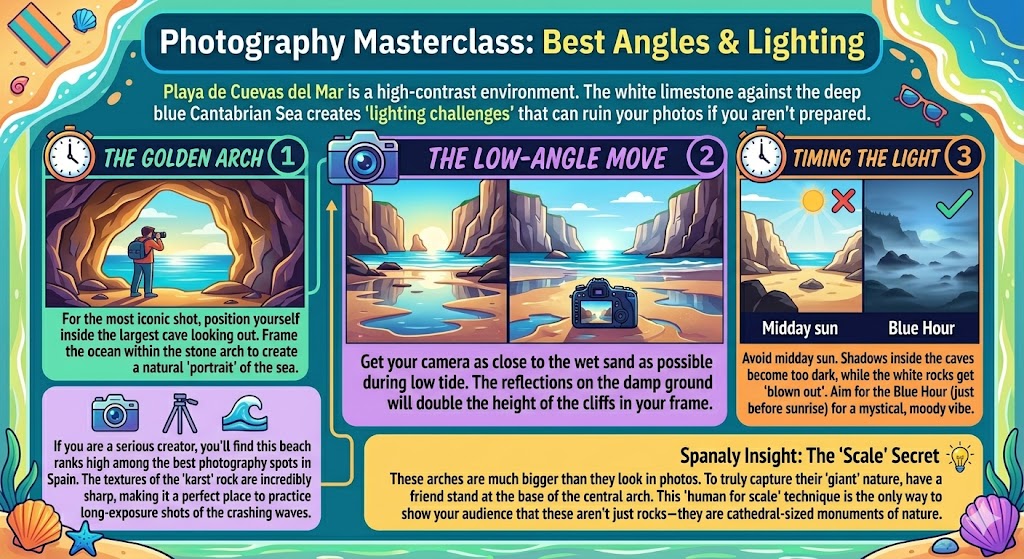 Infographic guide for photography at Playa de Cuevas del Mar featuring the Golden Arch, low-angle reflection shots, and Blue Hour lighting tips in Spain.
