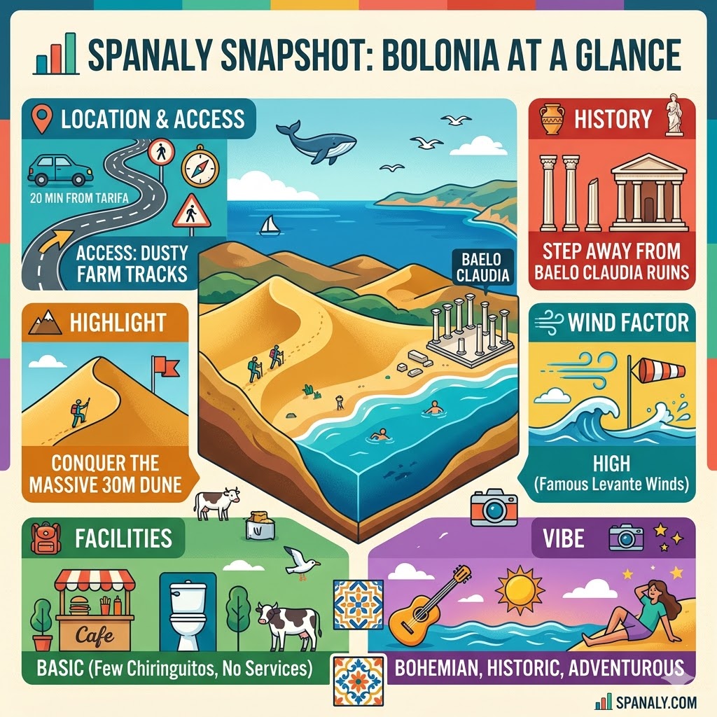 A vibrant, colorful infographic guide titled 'SPANALY SNAPSHOT: BOLONIA AT A GLANCE' showing the massive sand dune, Baelo Claudia Roman ruins, Levante wind factor, and bohemian vibe of this wild beach in Tarifa.
