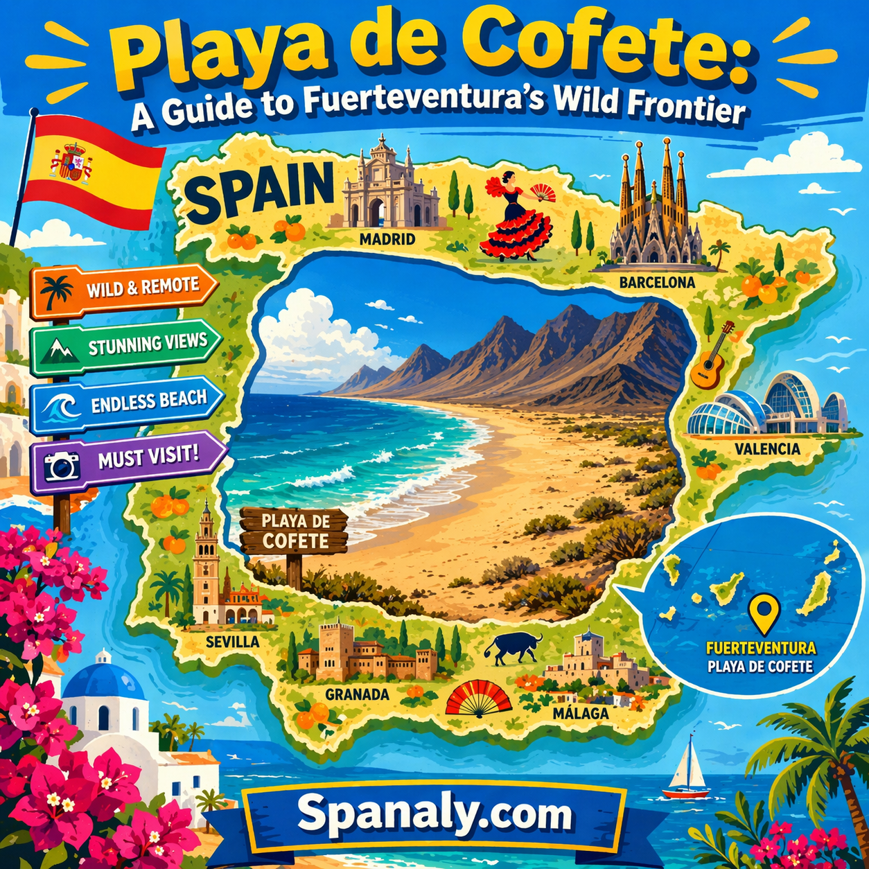 An epic infographic map of Spain featuring Playa de Cofete in Fuerteventura as a wild frontier, showcasing the Jandia mountains and the golden Atlantic coastline.