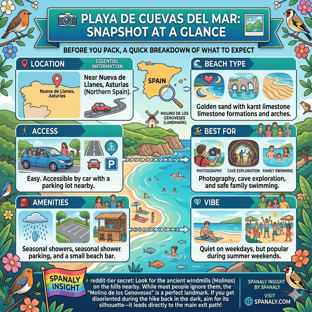 Colorful infographic table of Playa de Cuevas del Mar in Asturias featuring locations, karst limestone arches, family-friendly amenities, and easy car access.