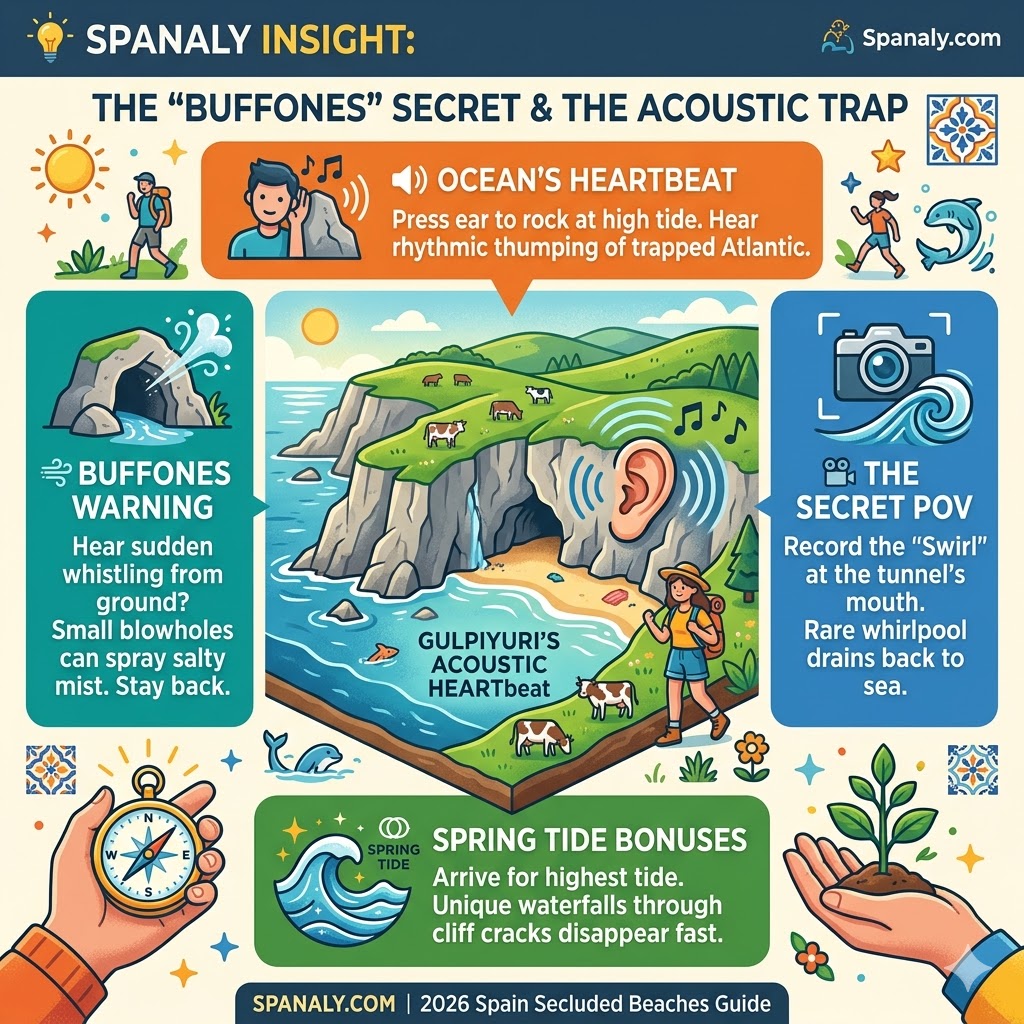 A colorful infographic map explaining the acoustic phenomenon at Playa de Gulpiyuri, showing where to hear the ocean's heartbeat, the Buffones blowholes warning, and the tidal swirl POV.