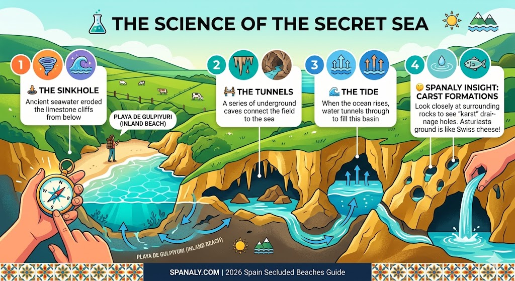 A colorful infographic explaining the geology of Playa de Gulpiyuri, showing how sinkholes and underground tunnels create this unique inland beach in Asturias.