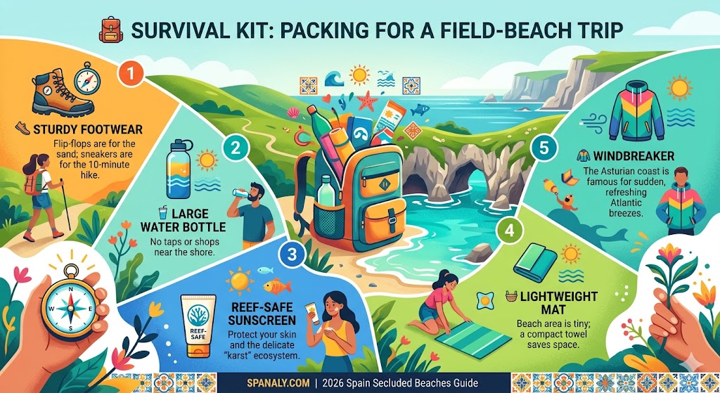 A colorful infographic showing the survival kit for Playa de Gulpiyuri, featuring sturdy footwear, a large water bottle, reef-safe sunscreen, and a windbreaker.