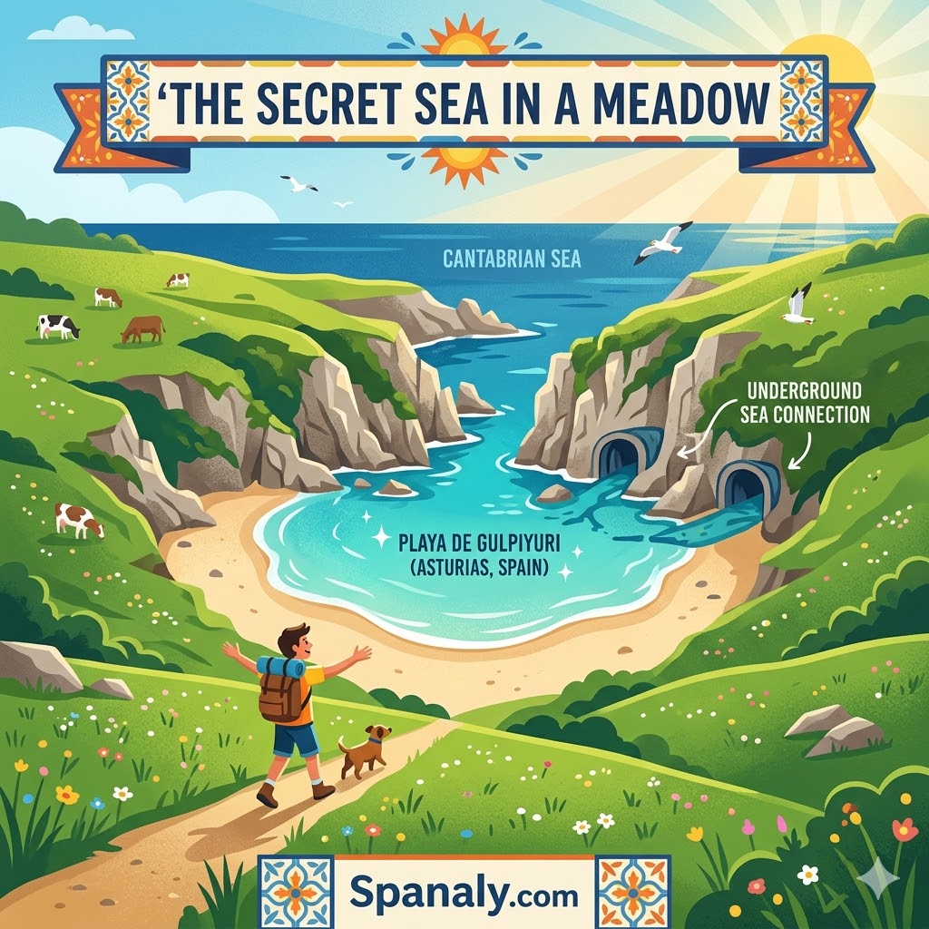 A vibrant flat vector illustration showing the hidden inland beach of Playa de Gulpiyuri in Asturias, surrounded by green meadows and connected to the distant sea via an illustrated underground tunnel.
