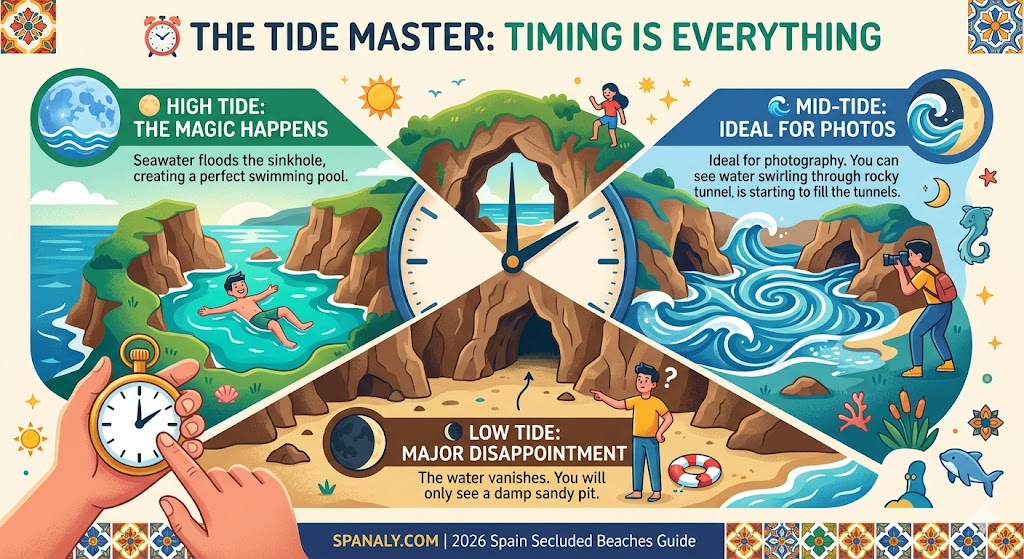A colorful infographic showing the best time to visit Playa de Gulpiyuri, comparing high tide for swimming, mid-tide for photos, and the dry low tide.