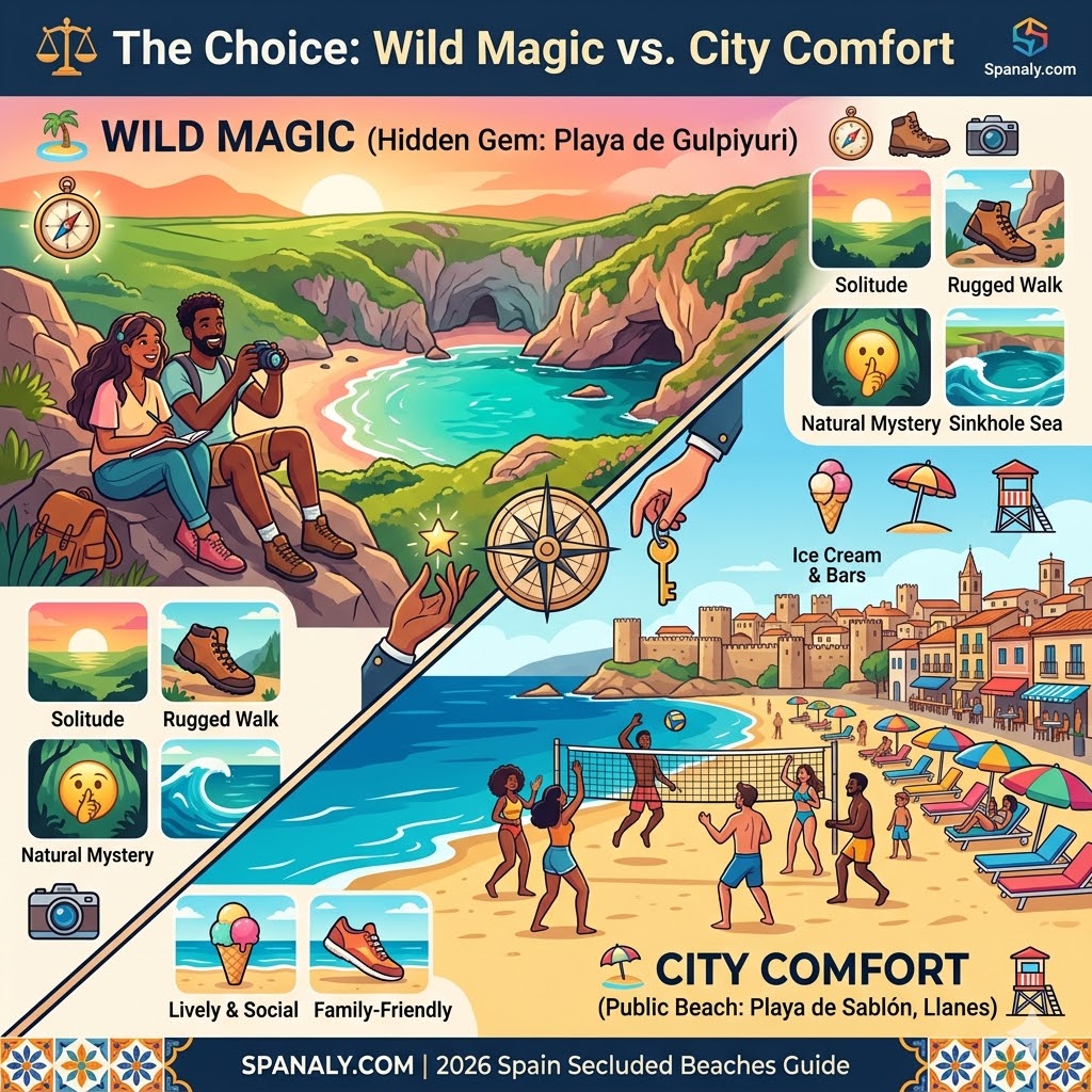 A side-by-side infographic comparing the secluded Playa de Gulpiyuri with the urban Playa de Sablon in Llanes, highlighting the difference between wild nature and city facilities.