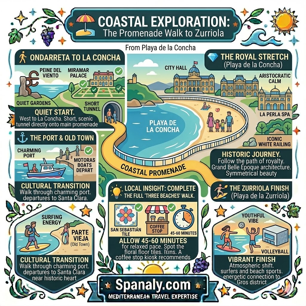 A colorful infographic showing the scenic coastal walk from Playa de la Concha to Zurriola, featuring the Miramar Palace, the fishing port, the historic white railing, and the local San Sebastian flower tile design.
