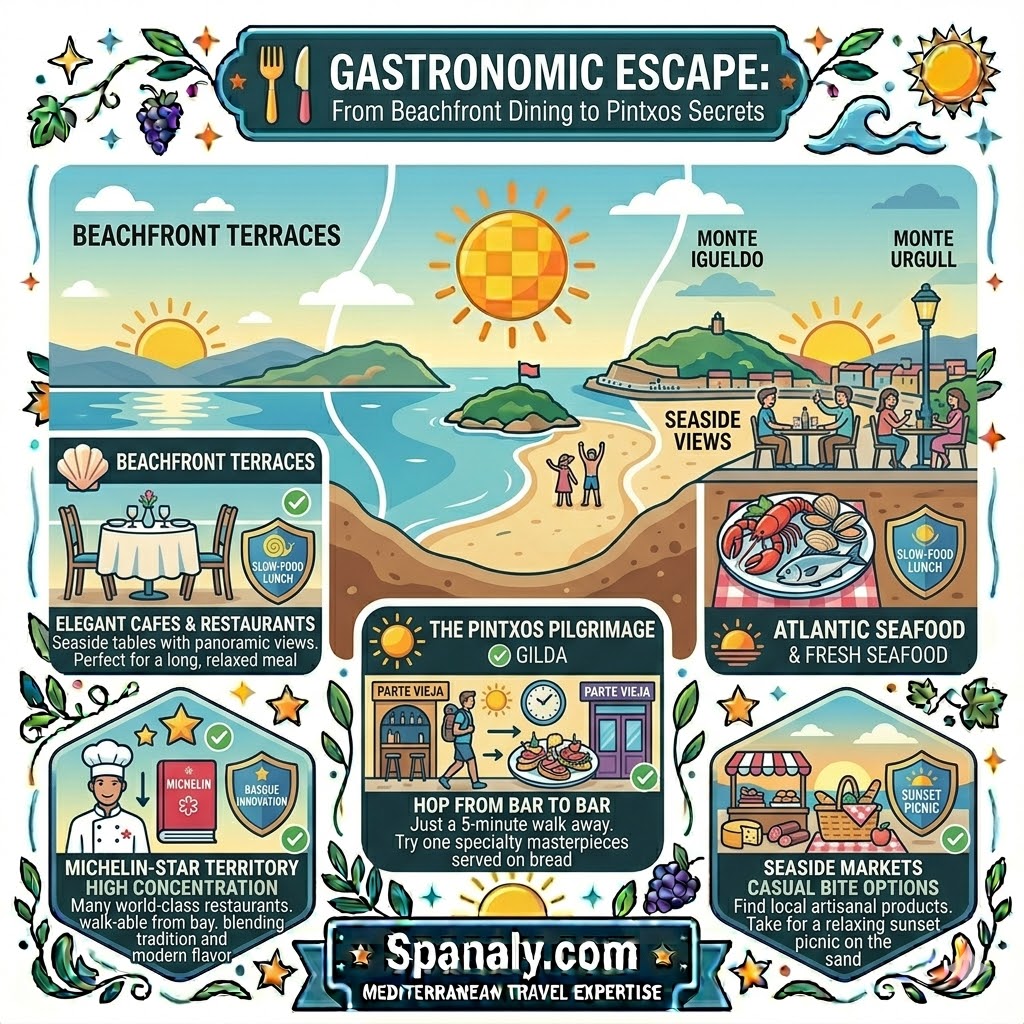 A colorful infographic illustrating dining options near Playa de la Concha in San Sebastian, featuring beachfront seafood terraces, the Old Town pintxos route, Michelin-starred Basque innovation, and local markets for sunset picnics.