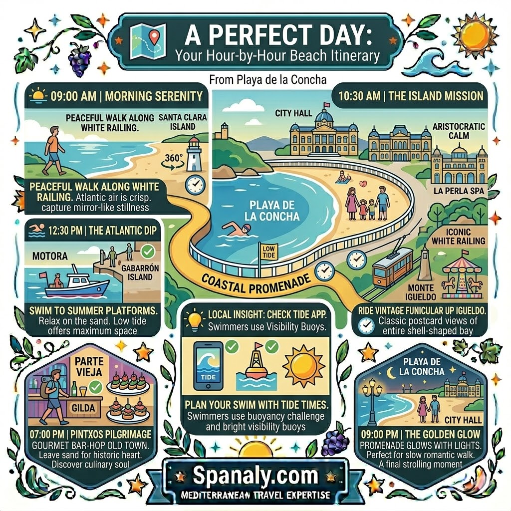 A colorful infographic outlining an hour-by-hour itinerary for a perfect day at Playa de la Concha in San Sebastian, featuring morning walks, the Santa Clara Island trip, swimming during low tide, seaside dining, Monte Igueldo views, and Old Town pintxos.