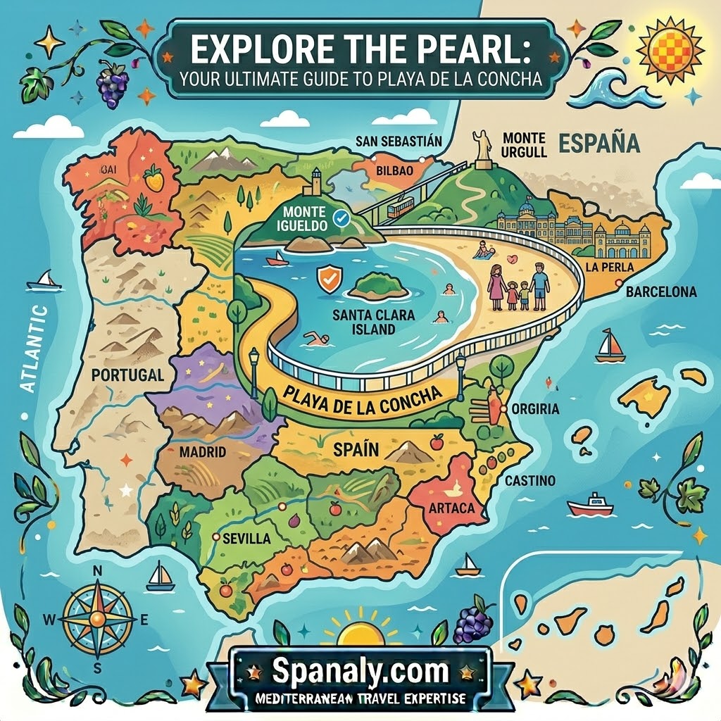 A colorful and vibrant integrated epic infographic map illustrating a detailed guide to Playa de la Concha in San Sebastian, Spain, within a large map of the Iberian Peninsula, featuring Monte Igueldo, Santa Clara Island, Monte Urgull, and icons for gastronomy, views, and exploration, all framed with Mediterranean motifs.