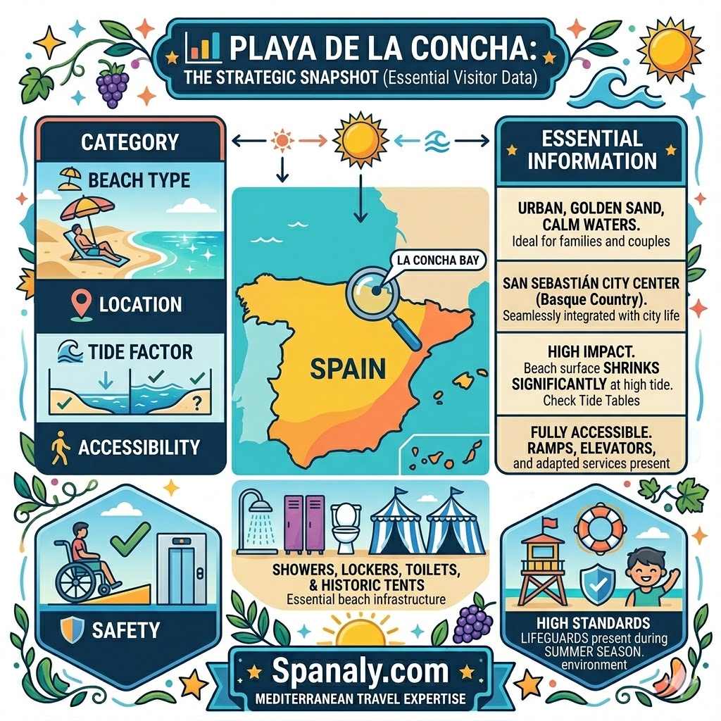 A colorful infographic for Playa de la Concha in San Sebastian featuring essential visitor data on tide factors, city location, accessibility, and beach facilities.