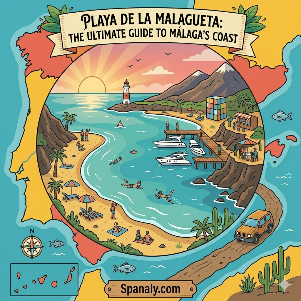 An epic travel map illustration of Spain featuring Playa de la Malagueta in Malaga, with vibrant coastal scenery, Mediterranean vibes, and a flat vector design.