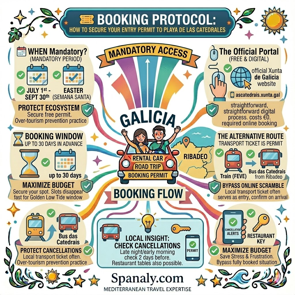 A detailed infographic explaining the booking protocol for Playa de las Catedrales in Galicia. It highlights mandatory dates, the official Xunta de Galicia portal, the 30-day booking window, and alternative access via local bus or train tickets.