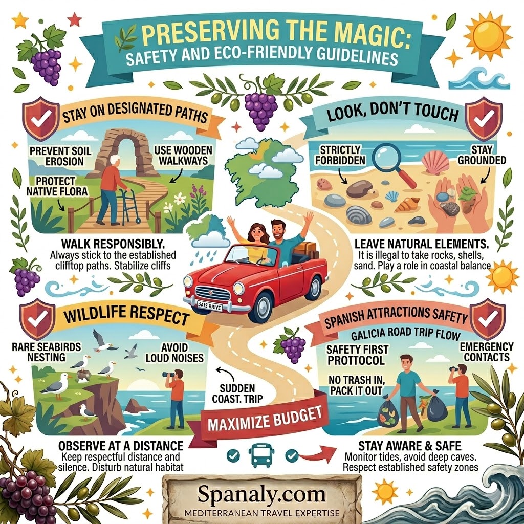 An eco-friendly visitor guide infographic for Playa de las Catedrales, highlighting rules such as staying on wooden walkways, not taking rocks or shells, avoiding climbing on arches, and respecting local wildlife.