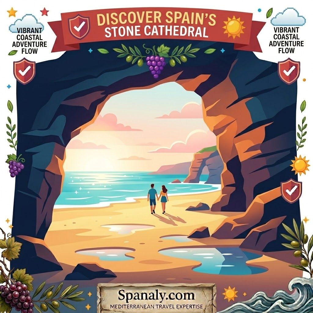 An epic cinematic flat vector illustration looking out from inside a massive slate arch at Playa de las Catedrales in Galicia, Spain. The view shows a golden sand beach, turquoise Atlantic water, a warm golden hour sky, and tiny silhouettes of a couple walking, emphasizing the immense scale of the rock formations.