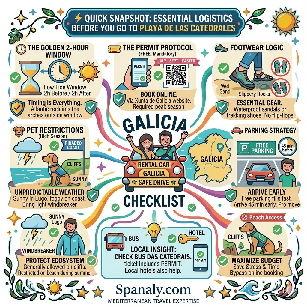 A colorful logistics infographic for Playa de las Catedrales in Galicia, featuring a checklist for the low tide window, mandatory entry permits, footwear advice, and parking strategy.