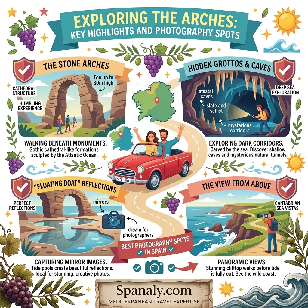 A vibrant infographic guide to Playa de las Catedrales highlights, featuring the massive stone arches, hidden sea caves in slate rock, tidal pool reflections for photography, and panoramic clifftop views of the Cantabrian Sea.