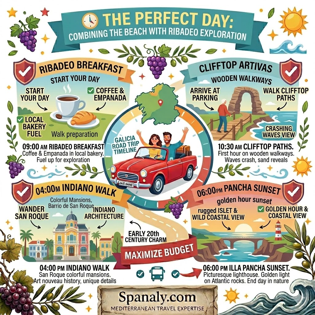 A colorful geometric infographic showing a perfect day itinerary combining Playa de las Catedrales and Ribadeo. It details a timeline from a 9:00 AM breakfast, 10:30 AM clifftop walk, 11:30 AM low tide descent, 2:00 PM Galician lunch, 4:00 PM Indiano walk, to a 6:00 PM Illa Pancha sunset.
