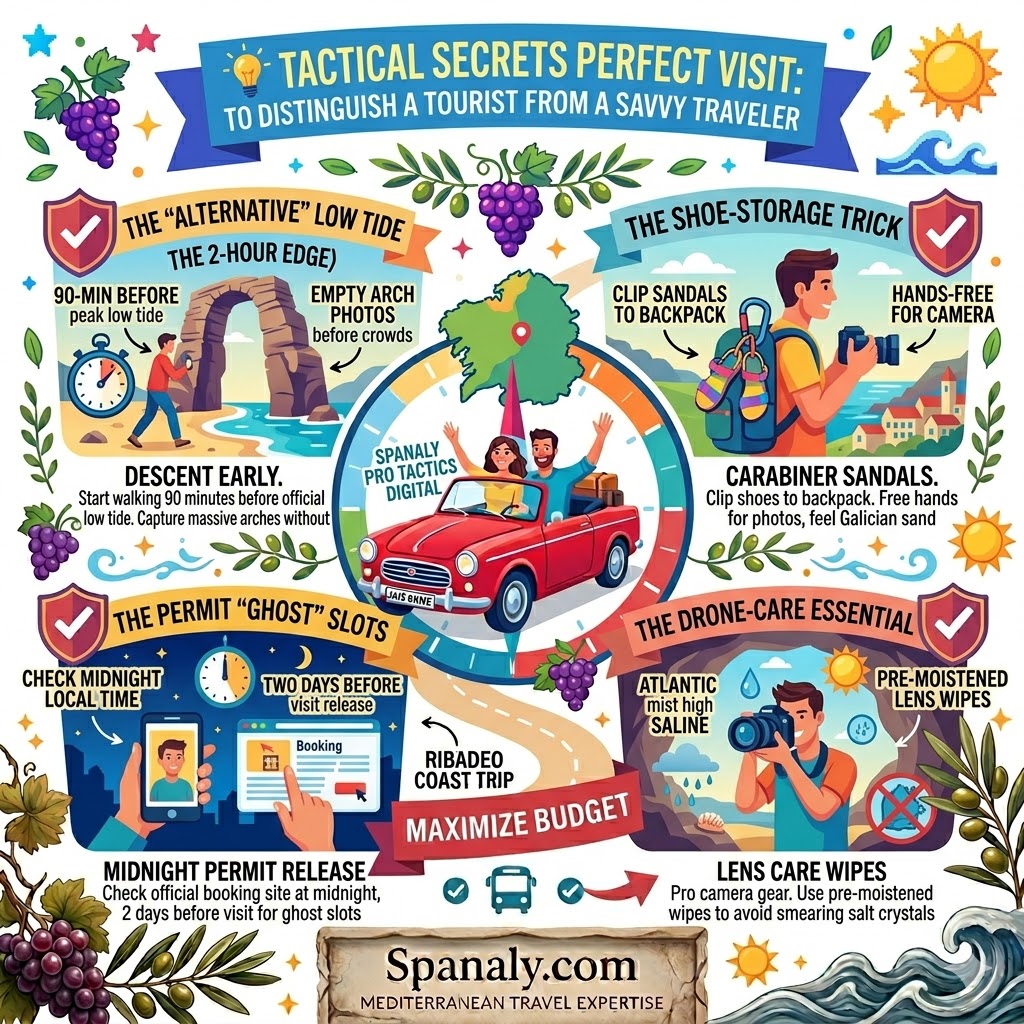 A colorful tactical infographic revealing secret tips for visiting Playa de las Catedrales, including early low-tide descent, using carabiners for shoes, finding south-facing caves for warmth, and checking for midnight permit cancellations.