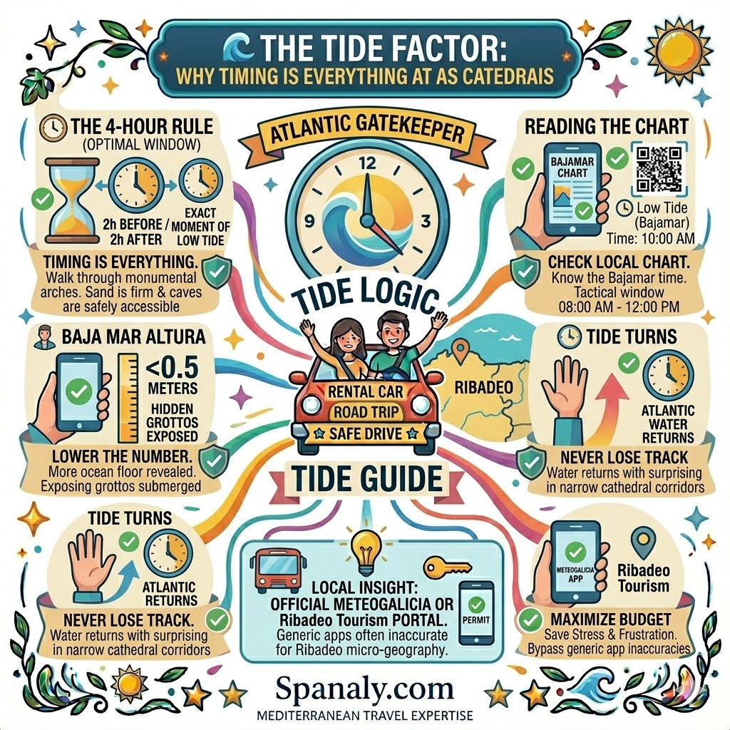 An essential logistics infographic explaining the tide factor at Playa de las Catedrales. It details the optimal 4-hour low tide window, how to read the Bajamar charts, monitoring water height under 0.5 meters, and the speed of returning Atlantic waters for safety.