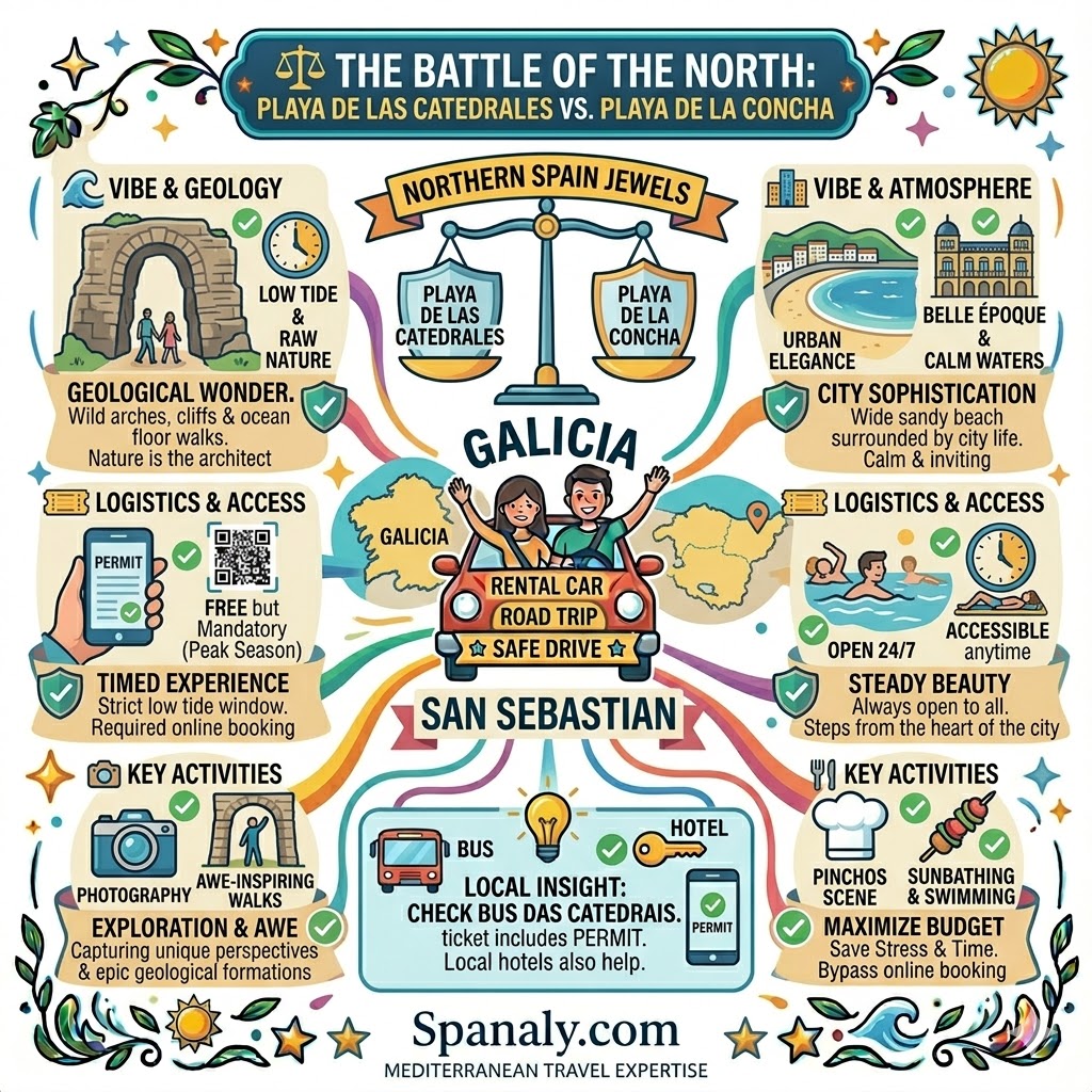 A side-by-side infographic comparison between Playa de las Catedrales in Galicia and Playa de la Concha in San Sebastian, highlighting differences in geology, atmosphere, logistics, and key activities.
