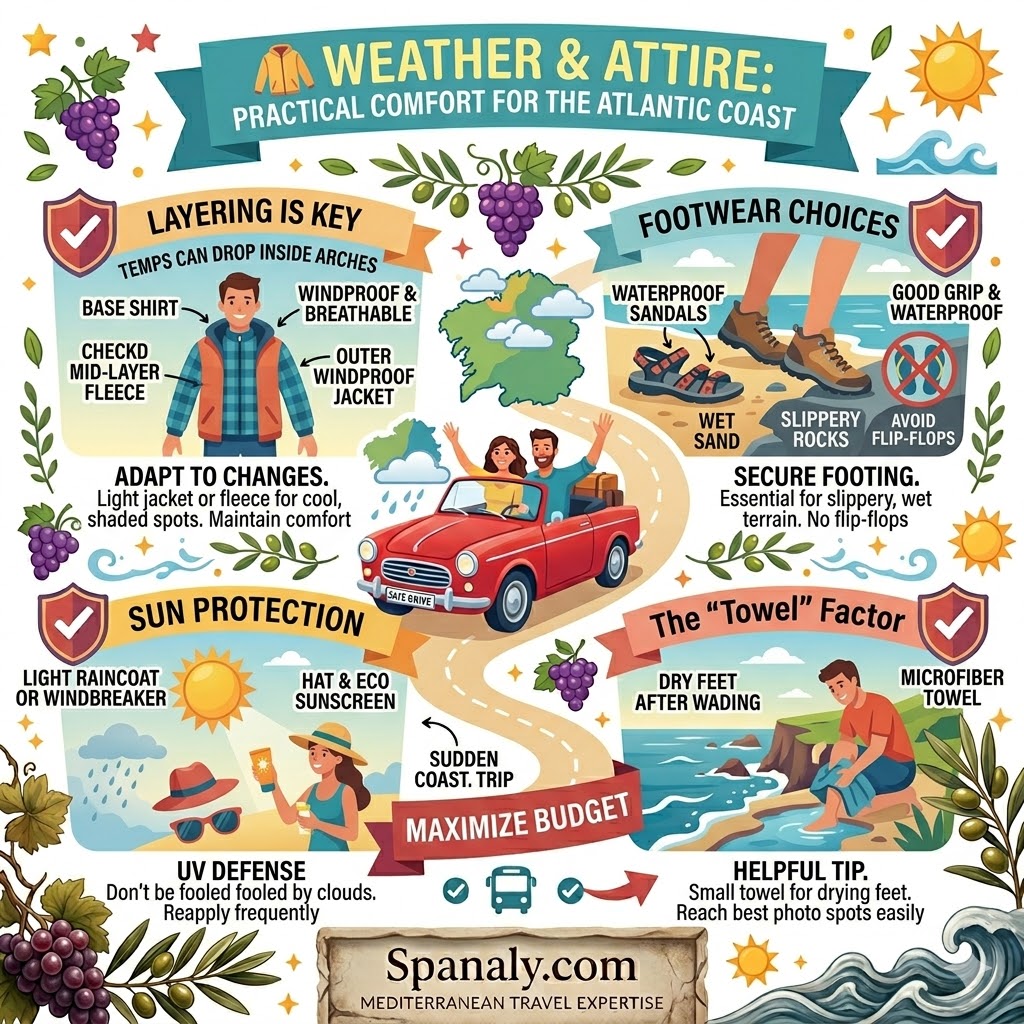 A colorful Galician coast packing guide infographic showing essential attire for Playa de las Catedrales, including layered clothing, waterproof sandals with grip, windbreakers for mist, and sun protection.
