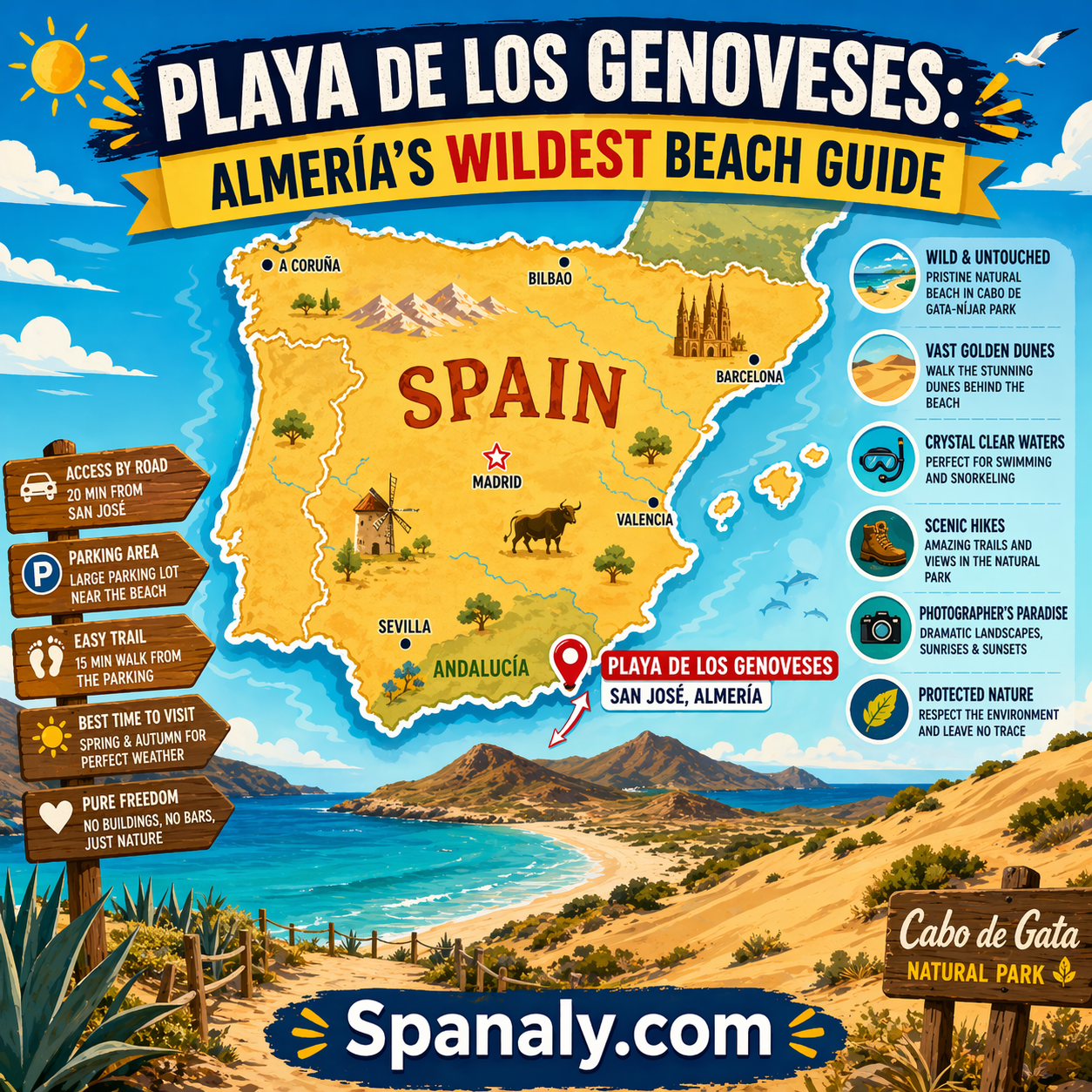 Colorful infographic map of Spain highlighting Playa de los Genoveses in Almería with wild beach, golden dunes, turquoise sea, and Cabo de Gata Natural Park