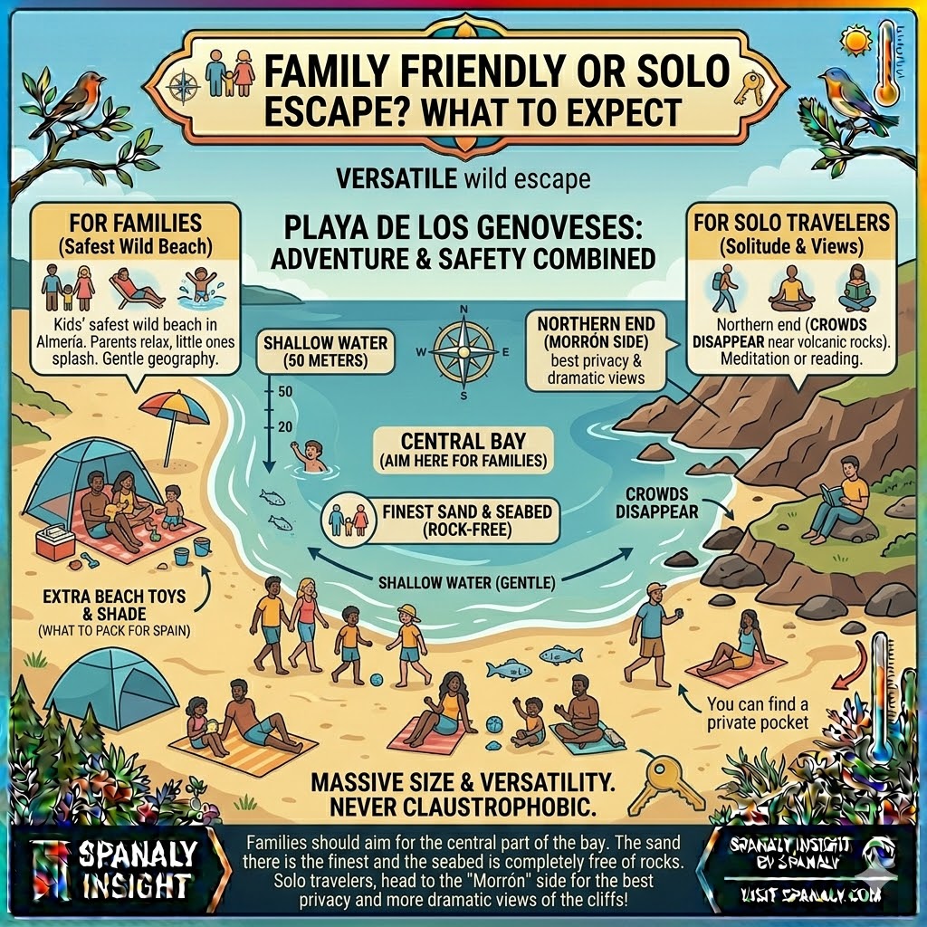Infographic comparing family-friendly areas and solo escape spots at Playa de los Genoveses showing shallow waters for kids and secluded volcanic rocks for privacy.