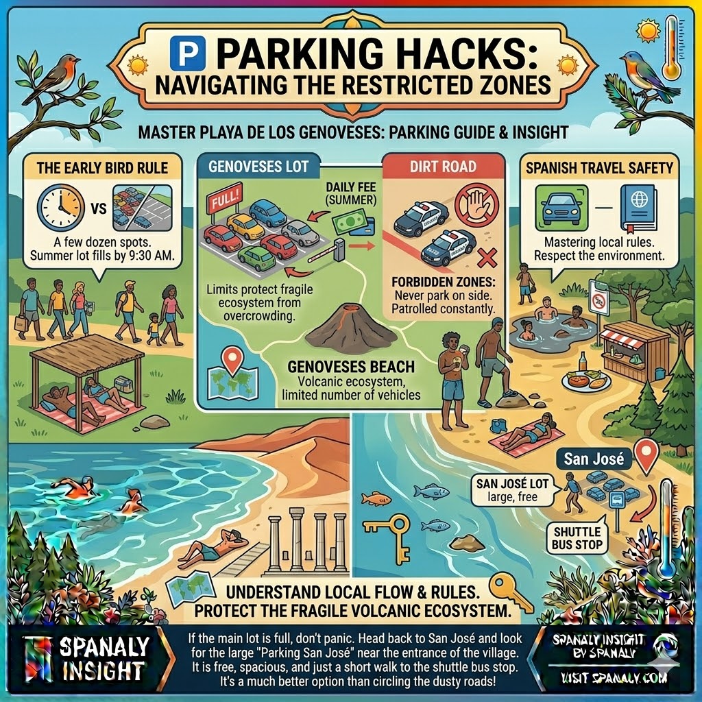 Infographic for parking at Playa de los Genoveses in Almeria showing the early bird rule, summer fees, and the San Jose shuttle bus alternative.
