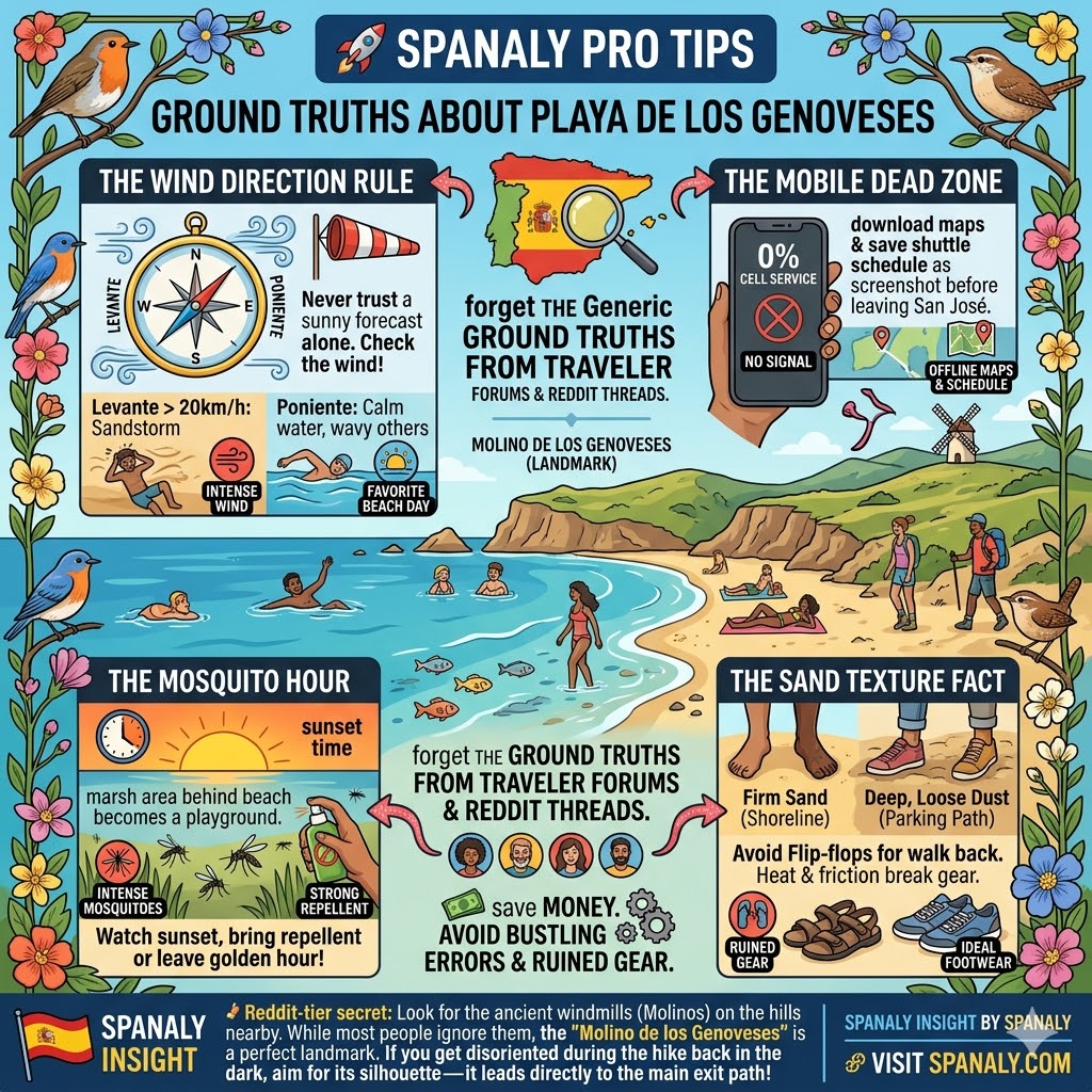 Pro tips for Playa de los Genoveses in Almeria featuring wind direction rules for Levante and Poniente, mobile dead zone warnings, and mosquito hour survival.