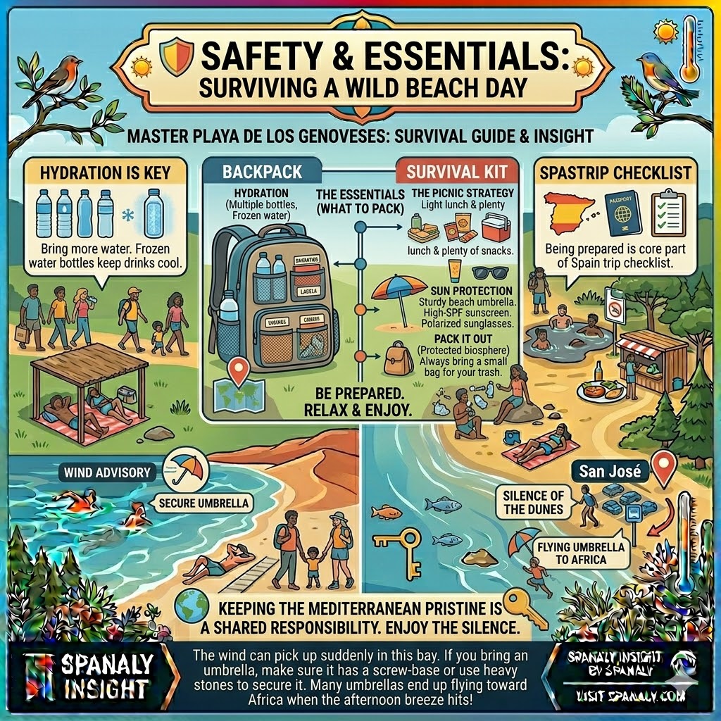 Infographic for beach safety at Playa de los Genoveses featuring a survival kit with hydration tips, sun protection, and umbrella wind-security hacks.