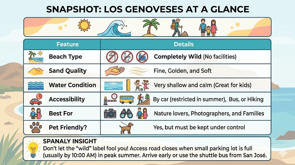 Snapshot infographic of Playa de los Genoveses in Almeria, showing beach features like wild nature, shallow water, accessibility by bus or hiking, and pet-friendly rules by Spanaly.com
