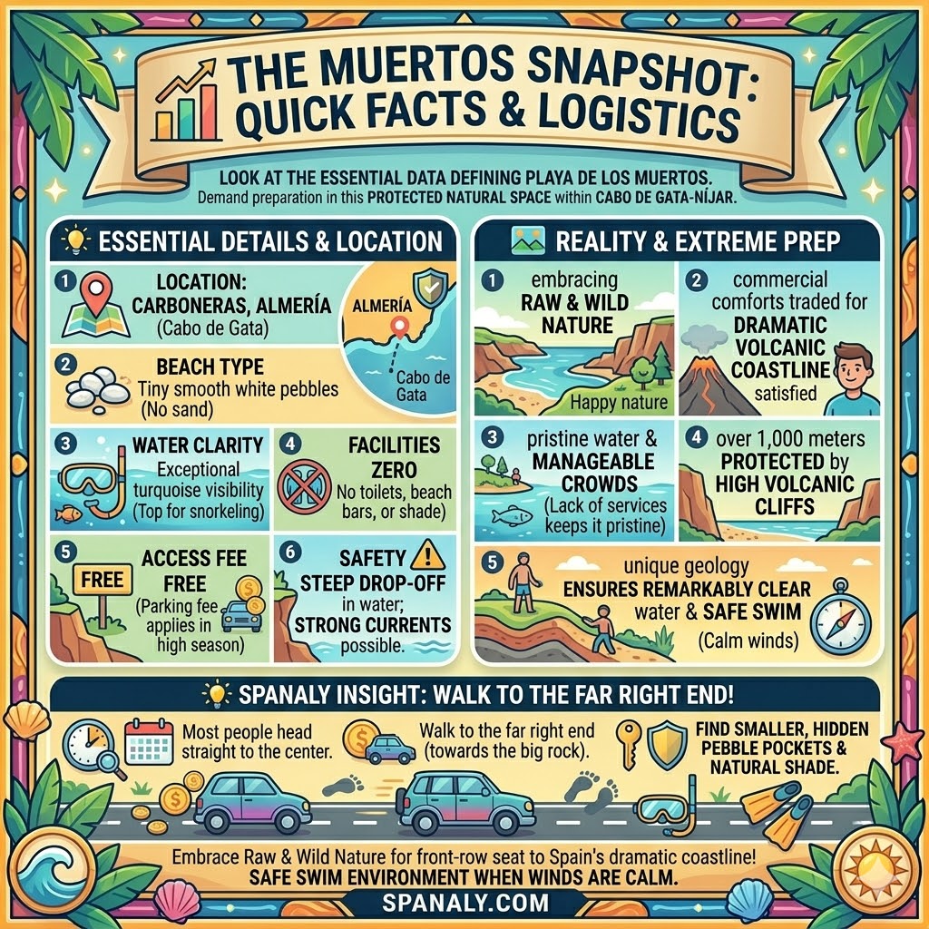 Infographic for Playa de los Muertos, Almería, detailing essential facts: pebble beach type, 100% water clarity for snorkeling, 0% facilities, high summer crowd density, steep water drop-off, and free access.