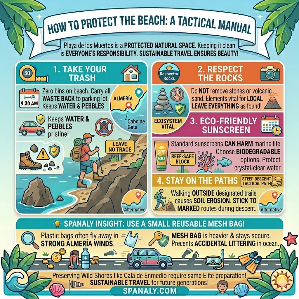 Sustainable travel guide for Playa de los Muertos, Almería, featuring eco-friendly tips: waste management, protecting volcanic rocks, using reef-safe sunscreen, and staying on designated paths within Cabo de Gata Natural Park.