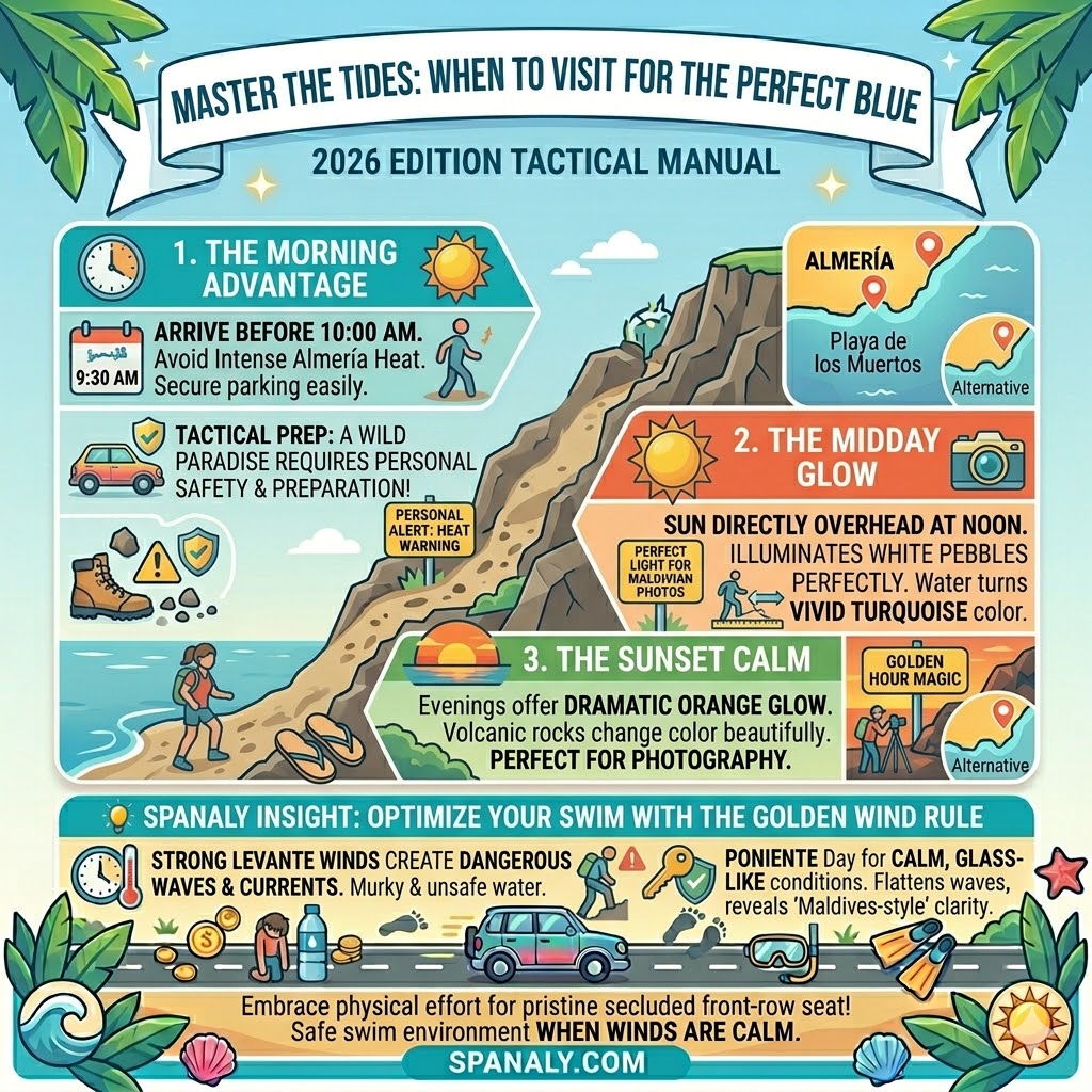 A tactical timing guide for Playa de los Muertos, Almería, explaining the morning arrival advantage, midday turquoise glow, and the 'Golden Wind Rule' (Poniente vs. Levante) for perfect water clarity.