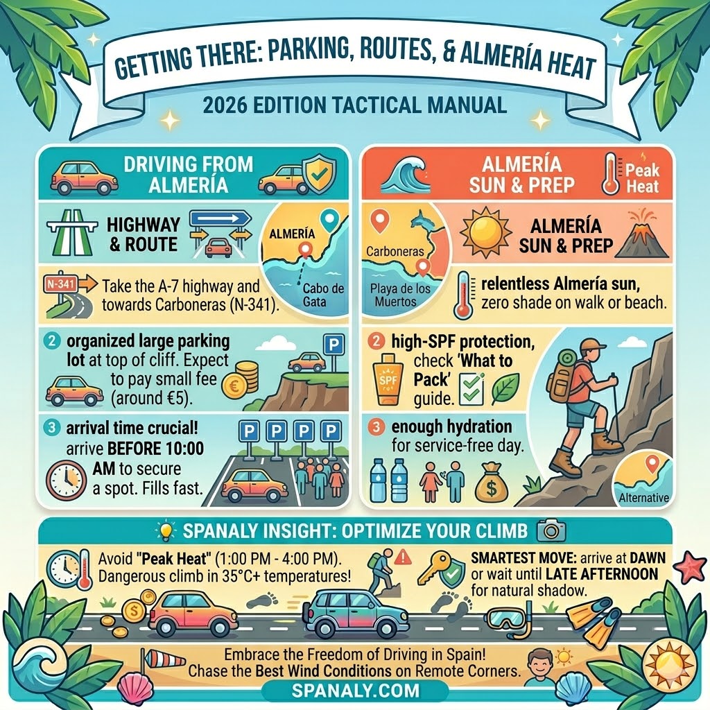 Tactical arrival guide for Playa de los Muertos in Almería, highlighting the A-7 highway route from Carboneras, the high-season parking fee, the 10 AM arrival deadline, and essential hydration tips to beat the intense sun and avoid peak heat hours.
