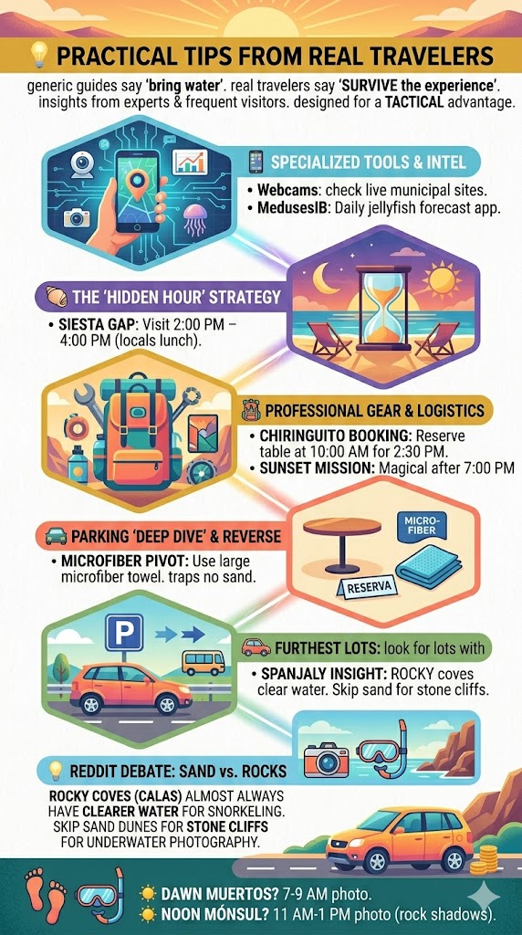 Advanced traveler tips for Playa de los Muertos, Almería, featuring the frozen water bottle trick, windshield salt protection, pebble comfort advice with padded mats, and strategic beach positioning away from crowds.