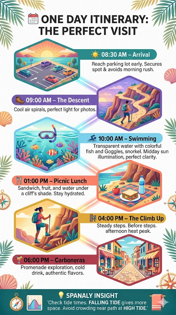 A colorful mosaic-style one-day itinerary infographic for Playa de los Muertos, Almería, detailing arrival at 8:30 AM, morning snorkeling, a cliff picnic, and a Carboneras visit, with professional tide checking tips.