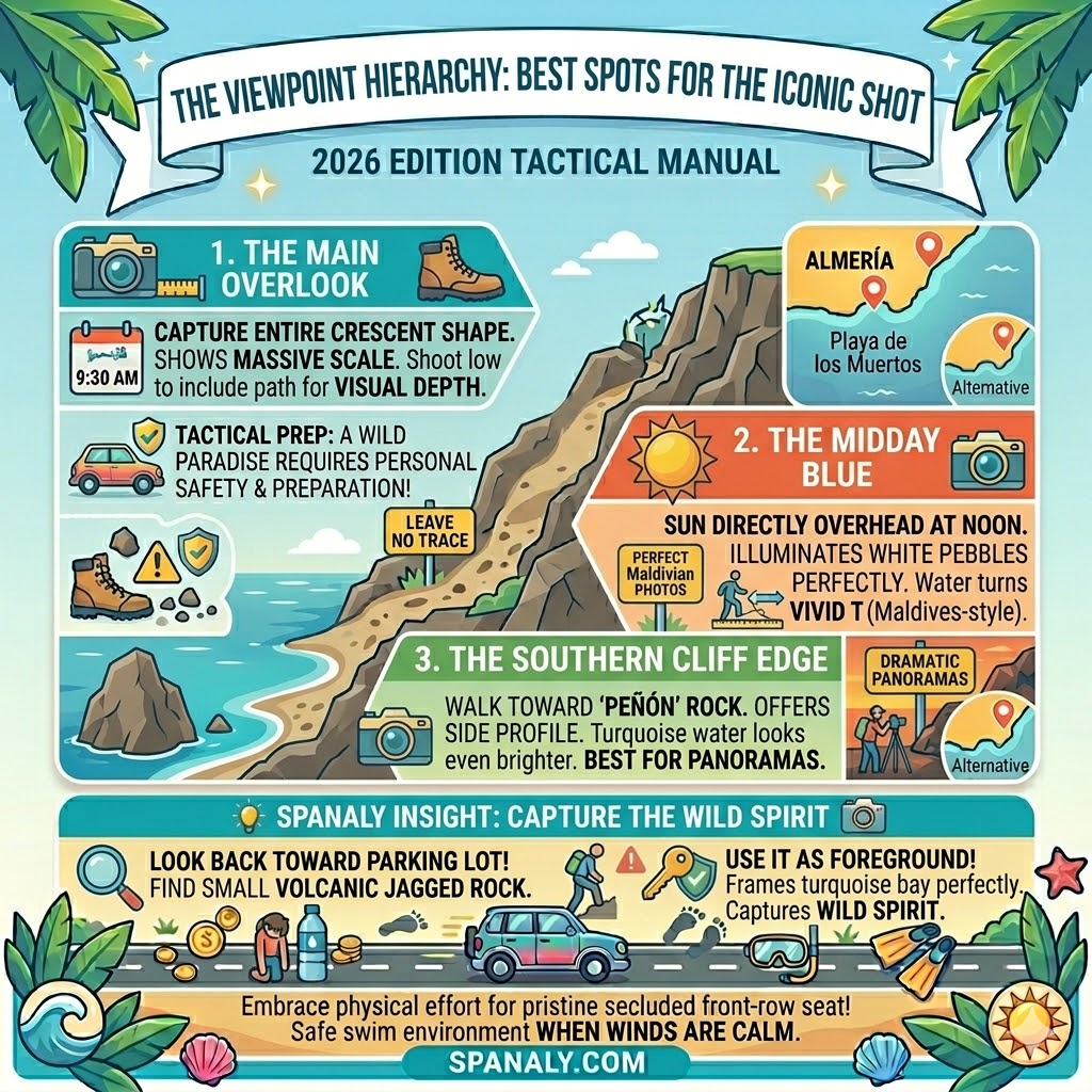 A photography guide for Playa de los Muertos, Almería, highlighting the main crescent overlook, the Southern Cliff Edge near Peñón rock, and midday lighting tips for capturing turquoise water clarity.