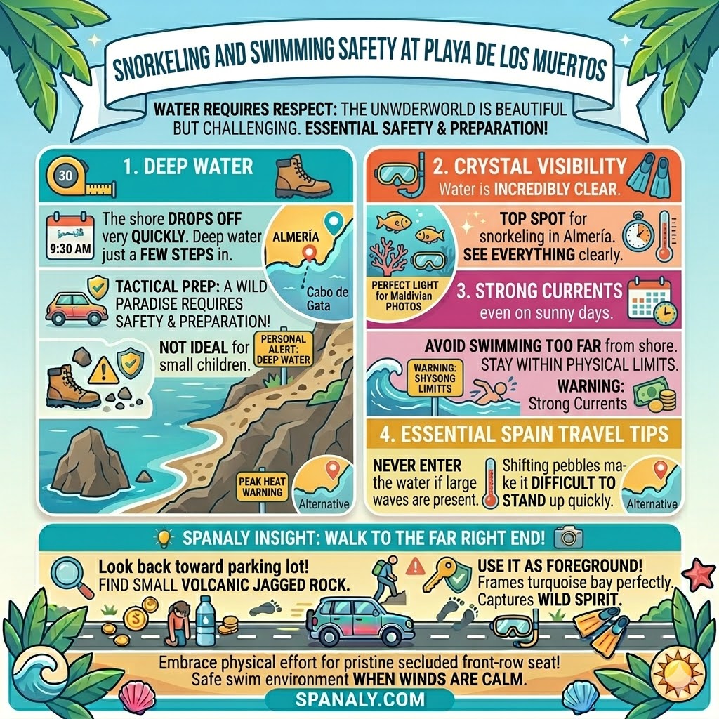 A comprehensive safety infographic for snorkeling at Playa de los Muertos, Almería, highlighting the steep underwater drop-off, volcanic seabed visibility, strong current warnings, and the best calm water spots near the right-side rocks.