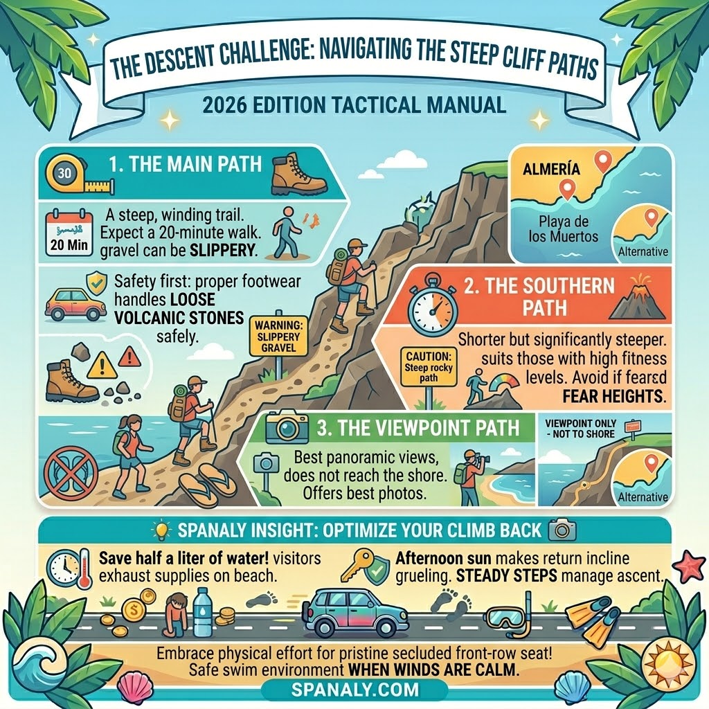 Tactical hiking guide for Playa de los Muertos descent, illustrating the main 20-minute winding path, the steep southern route, and the scenic viewpoint path with safety tips on footwear and hydration.